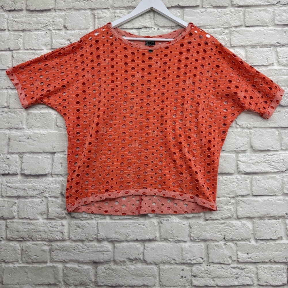 Clara Sunwoo Oversized Laser-Cut Perforated Knit Top - Coral/Orange XS